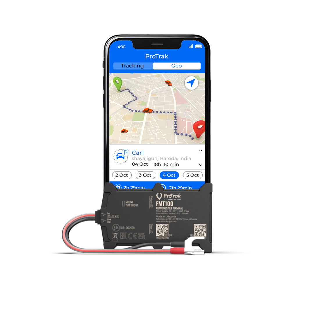 FMT100 GPS tracker with ProTrak tracking app and vehicle monitoring