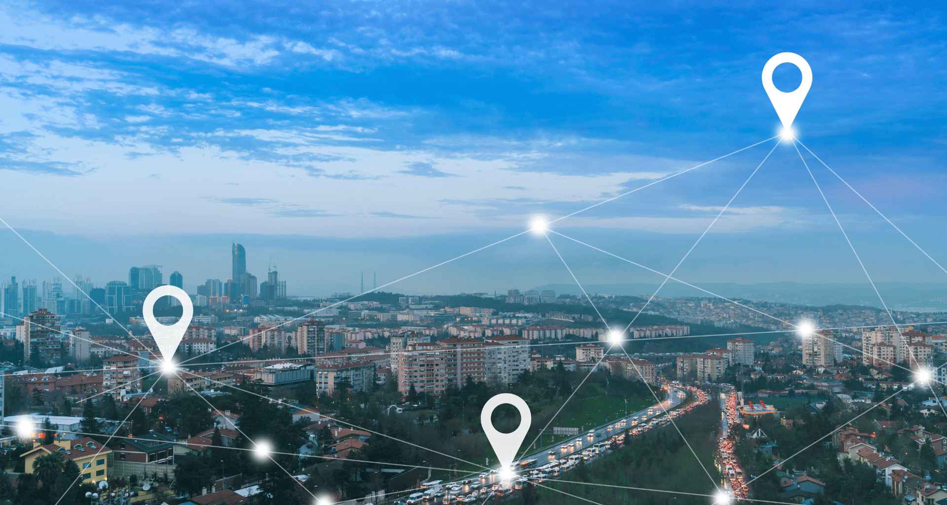 Advanced vehicle tracking system network connecting location pins across a smart city