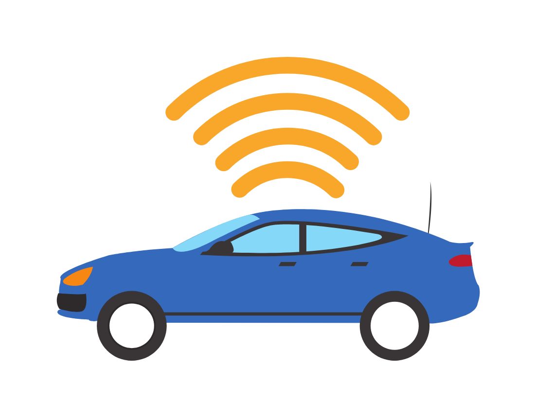 Blue car broadcasting a live GPS tracking signal for automatic configuration