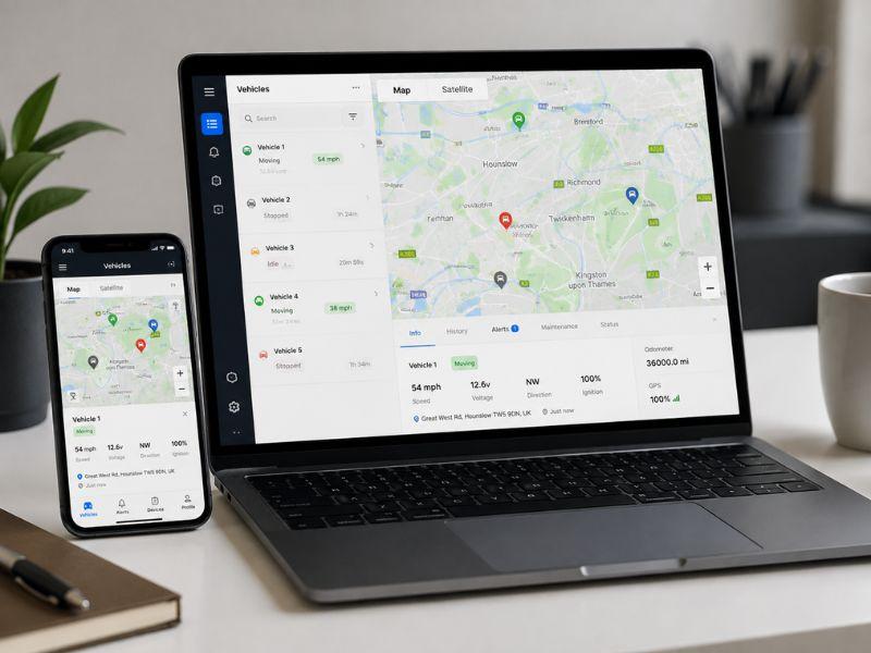 ProTrak GPS tracking mobile app and web dashboard showing real-time vehicle tracking